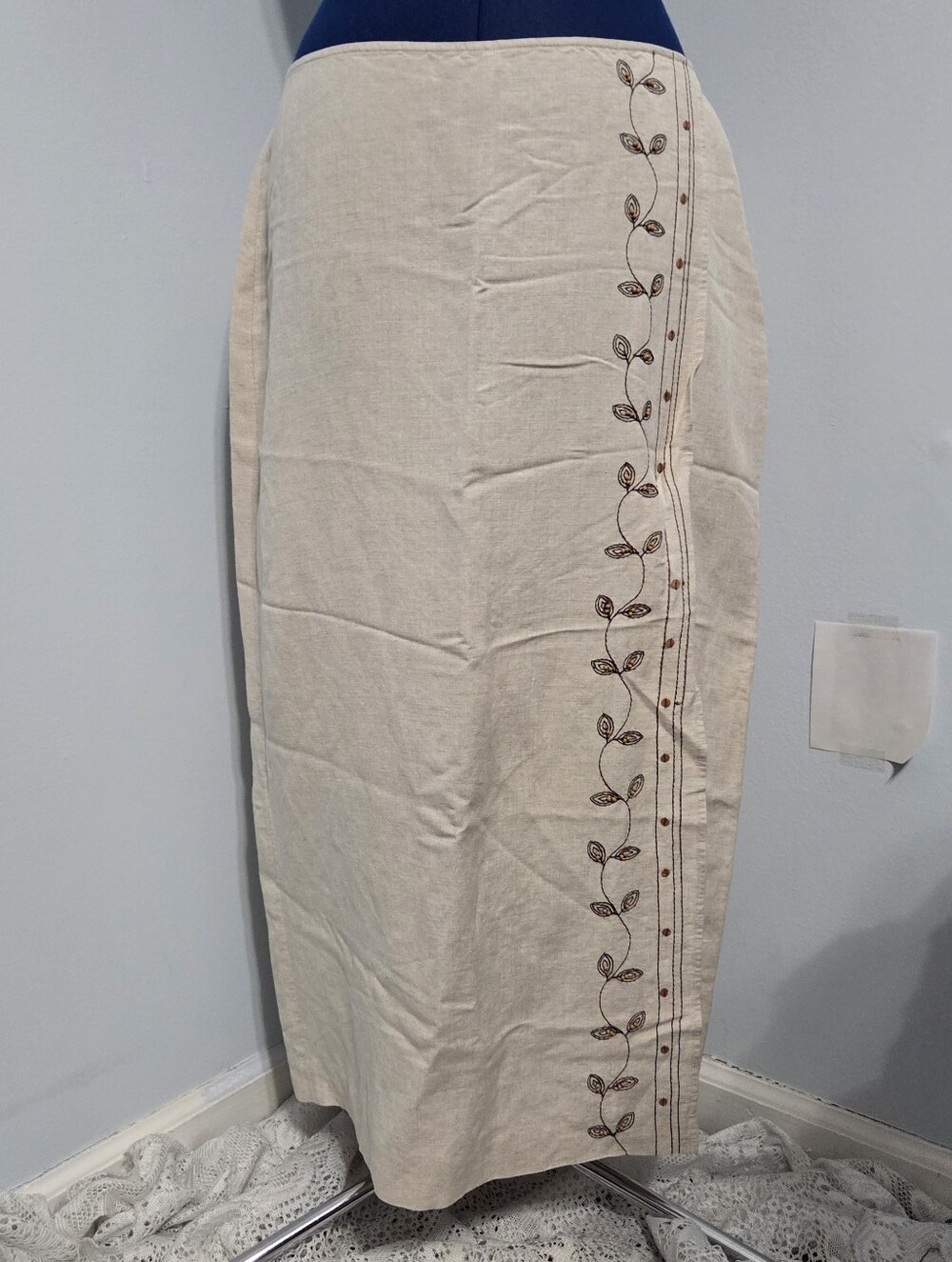 Tan Embroidered Linen Blend Maxi Skirt Size 14P